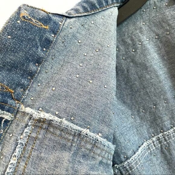 Hand Beaded Denim Over The Shoulder Rivet Studded Blue Denim Jacket One Size - Picture 5 of 10